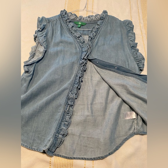 Dip Denim Button Down Top with Ruffle Details - Picture 8 of 8